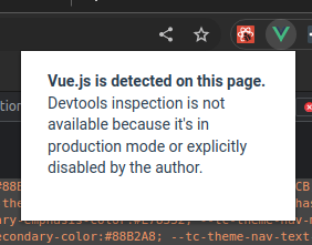 Vue.js is detected on this page. Devtools inspection is not available because it's in production mode or explicitly disabled by the author.