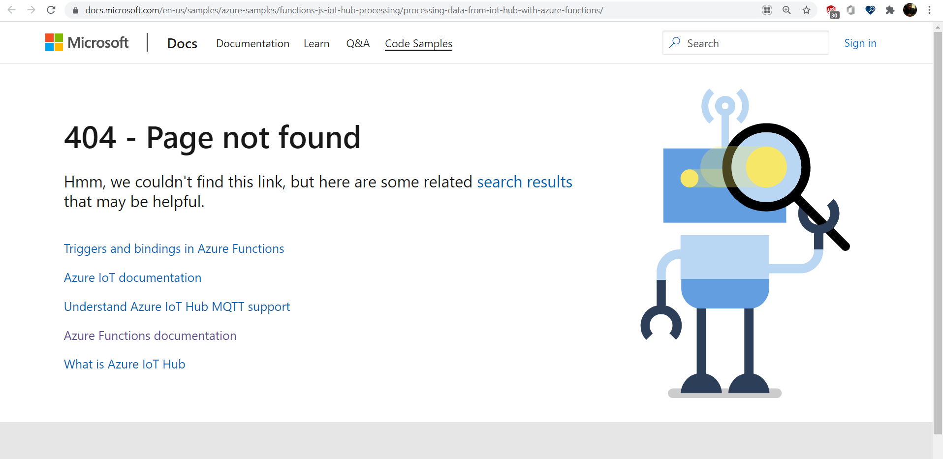 The link to Processing data from IoT Hub with Azure Functions does not ...