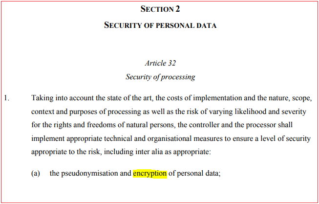 gdpr section 2 - article 32 - security of processiong - encryption