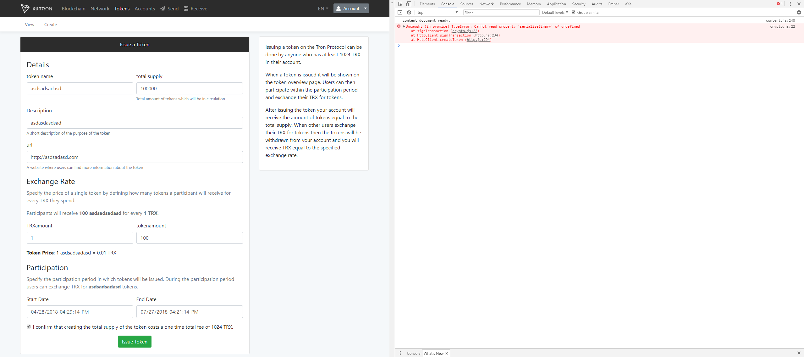 trontestnet error while creating token
