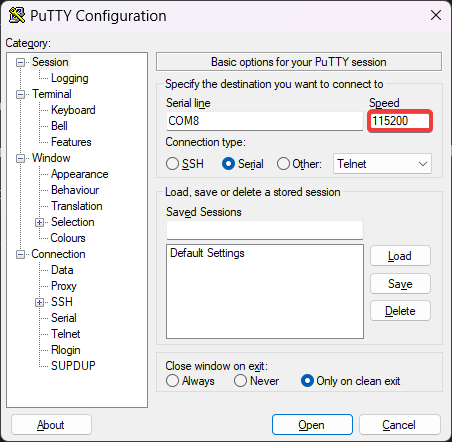 PuTTY connection screen