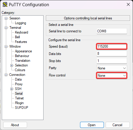 PuTTY settings screen