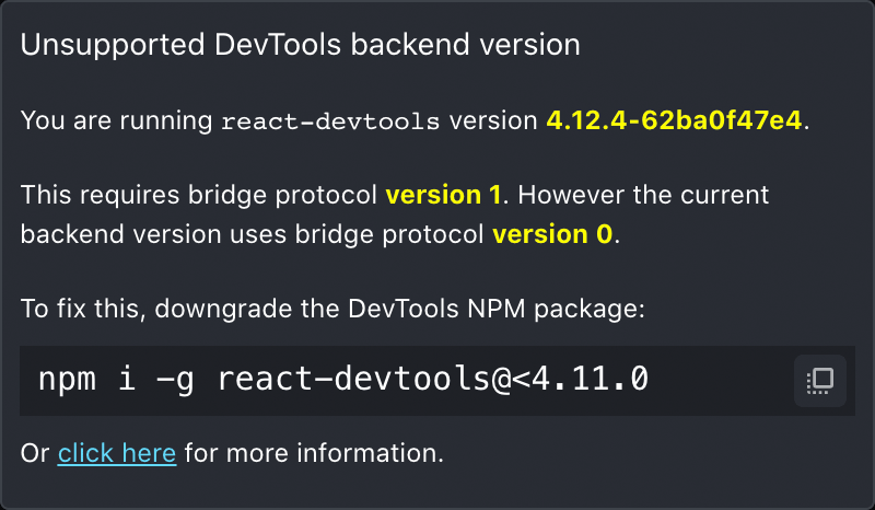 Dialog displaying downgrade instructions for the React DevTools frontend to connect to an older backend version