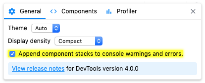 Settings panel showing "component stacks" option