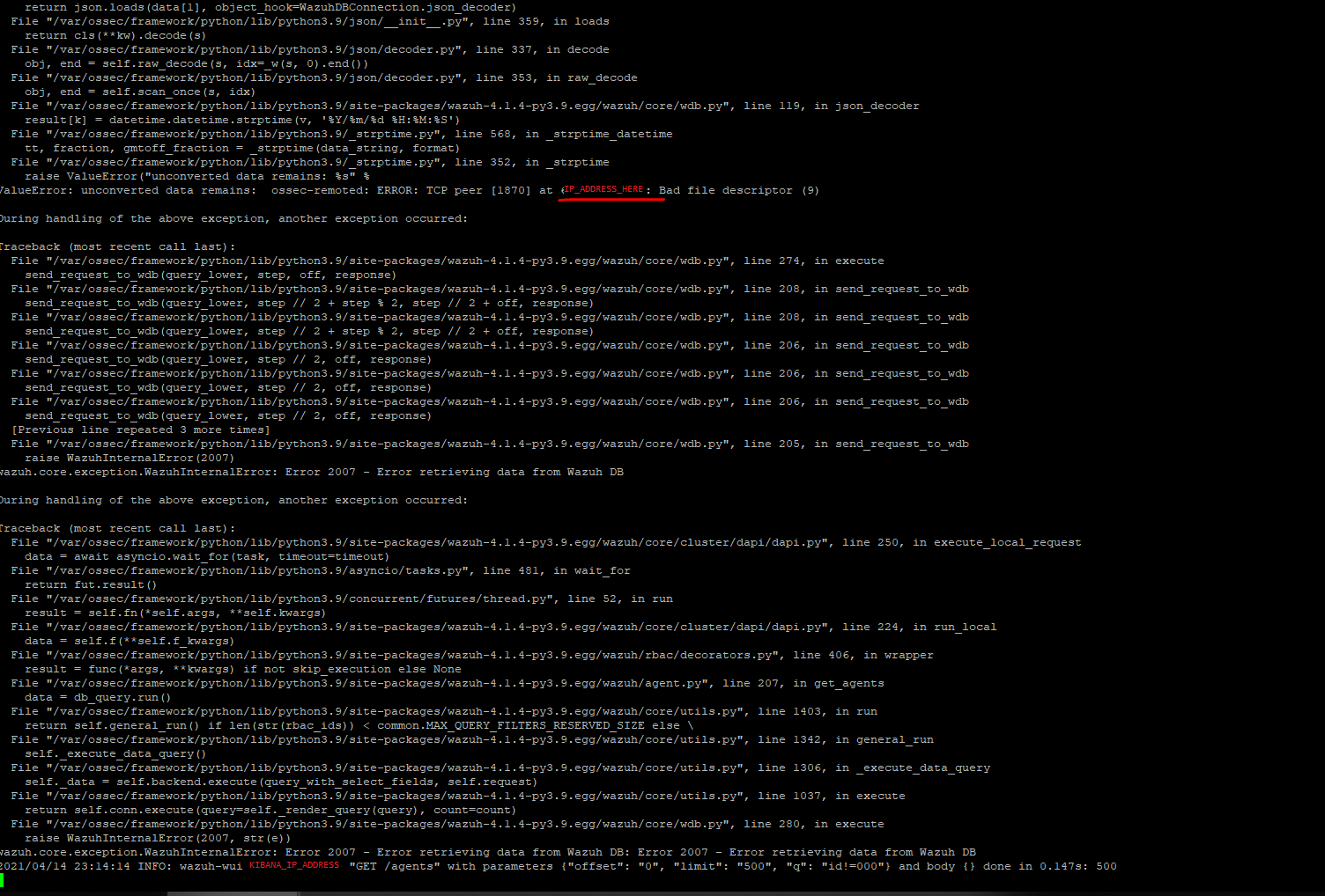 Investigate Wazuh API throwing wazuhdb errors in api.log · Issue 8242