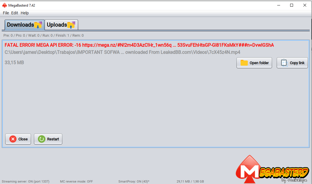 Fatal Error! Mega api error: -16 · Issue #331 · tonikelope/megabasterd ...