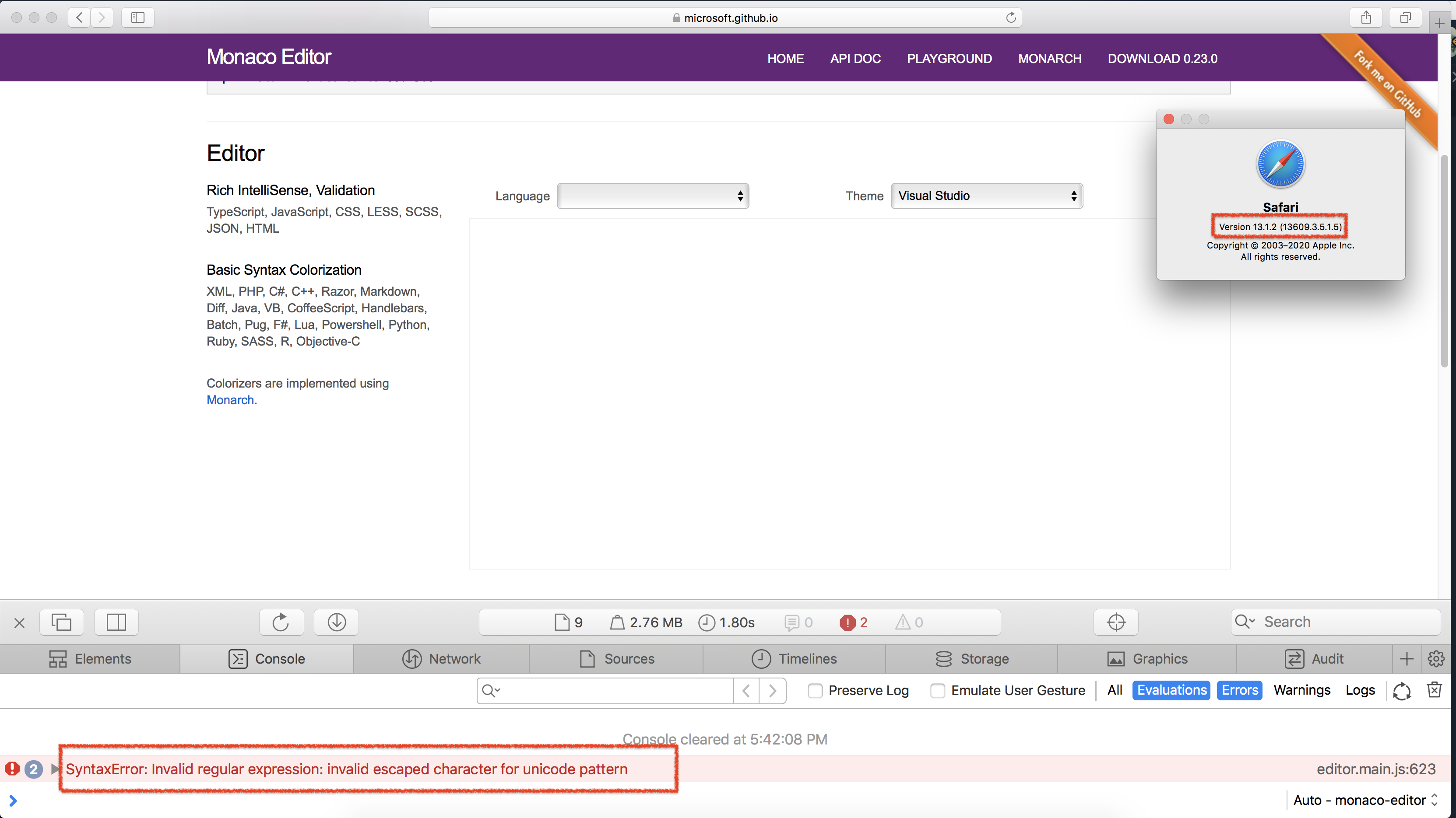 Monaco Editor throws error in Safari Version