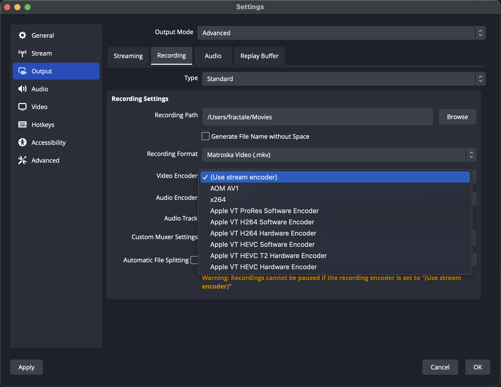 Hardware encoders on intel Mac are not available in the simple output