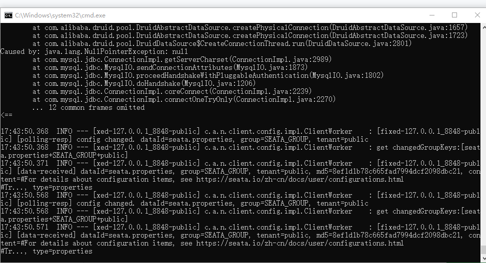 TransactionException[begin global request failed. xid=null, msg=wait ...