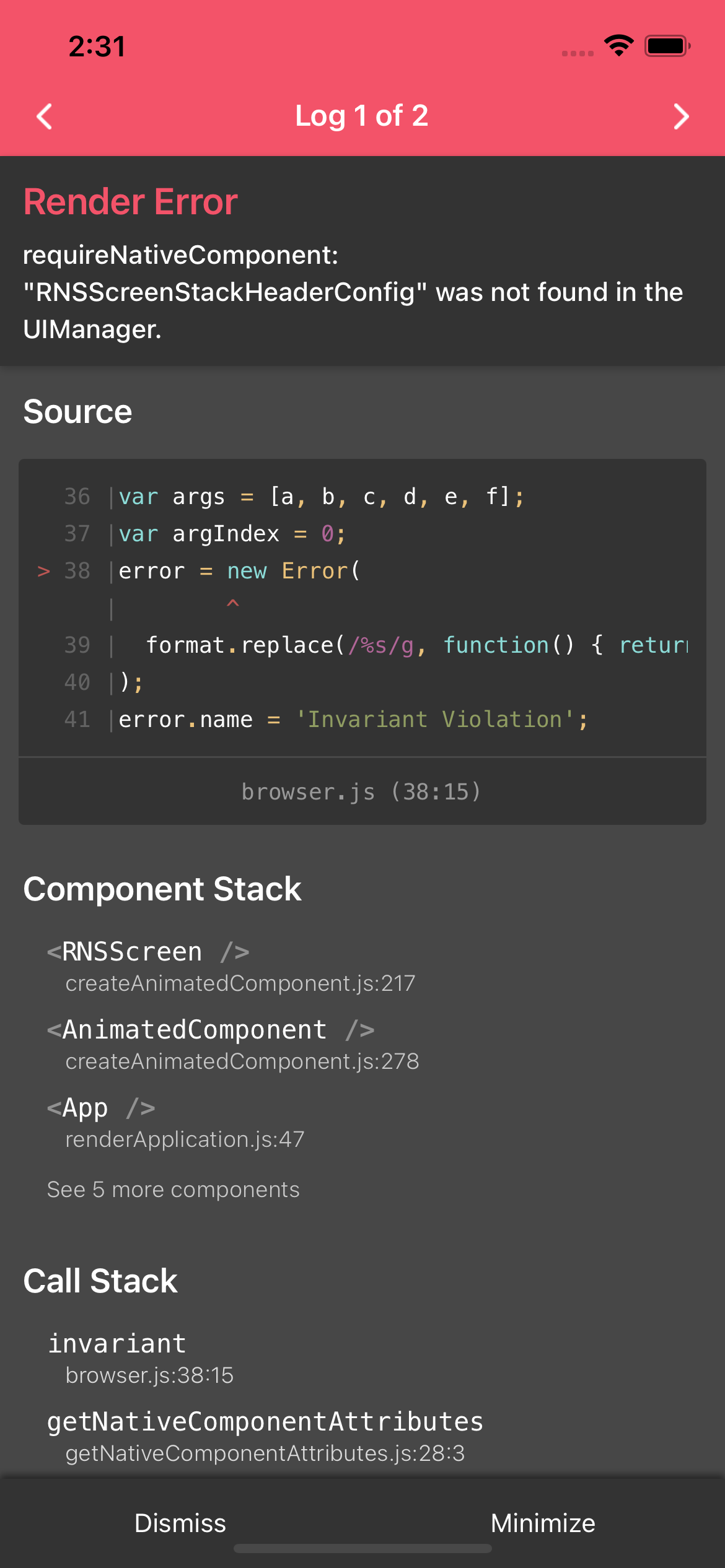 "RNSScreenStackHeaderConfig" was not found in the UIManager. (iOS ...