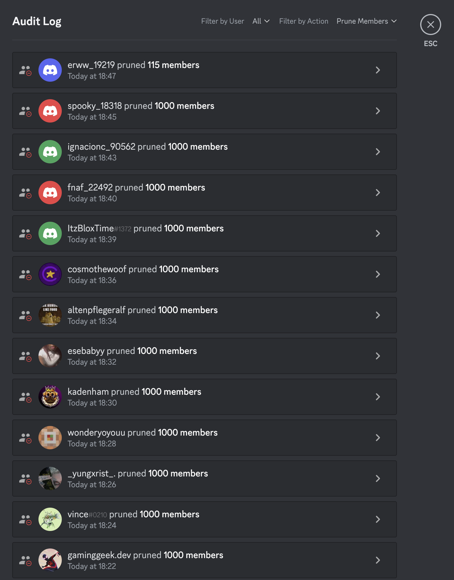 Pruning more than 1,000 members results in extra, erroneous audit log