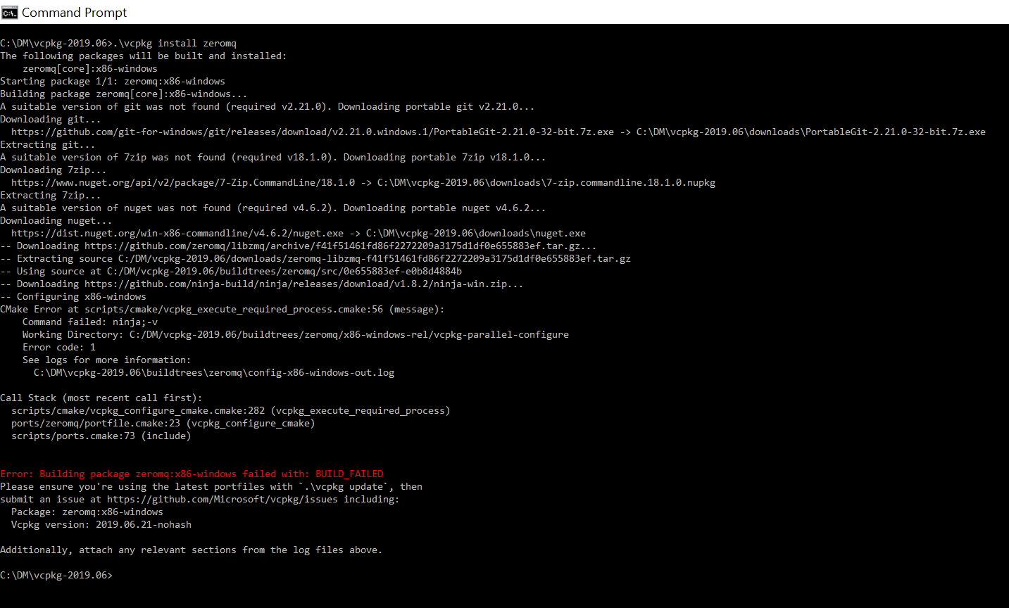 [zeromq] Building package zeromq:x86-windows failed with: BUILD_FAILED ...