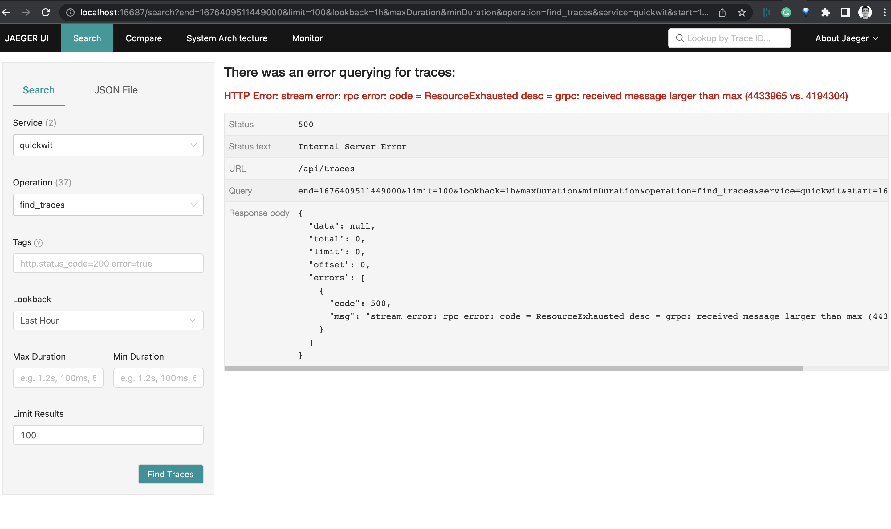 Tracing: HTTP Error: stream error: rpc error: code = ResourceExhausted ...
