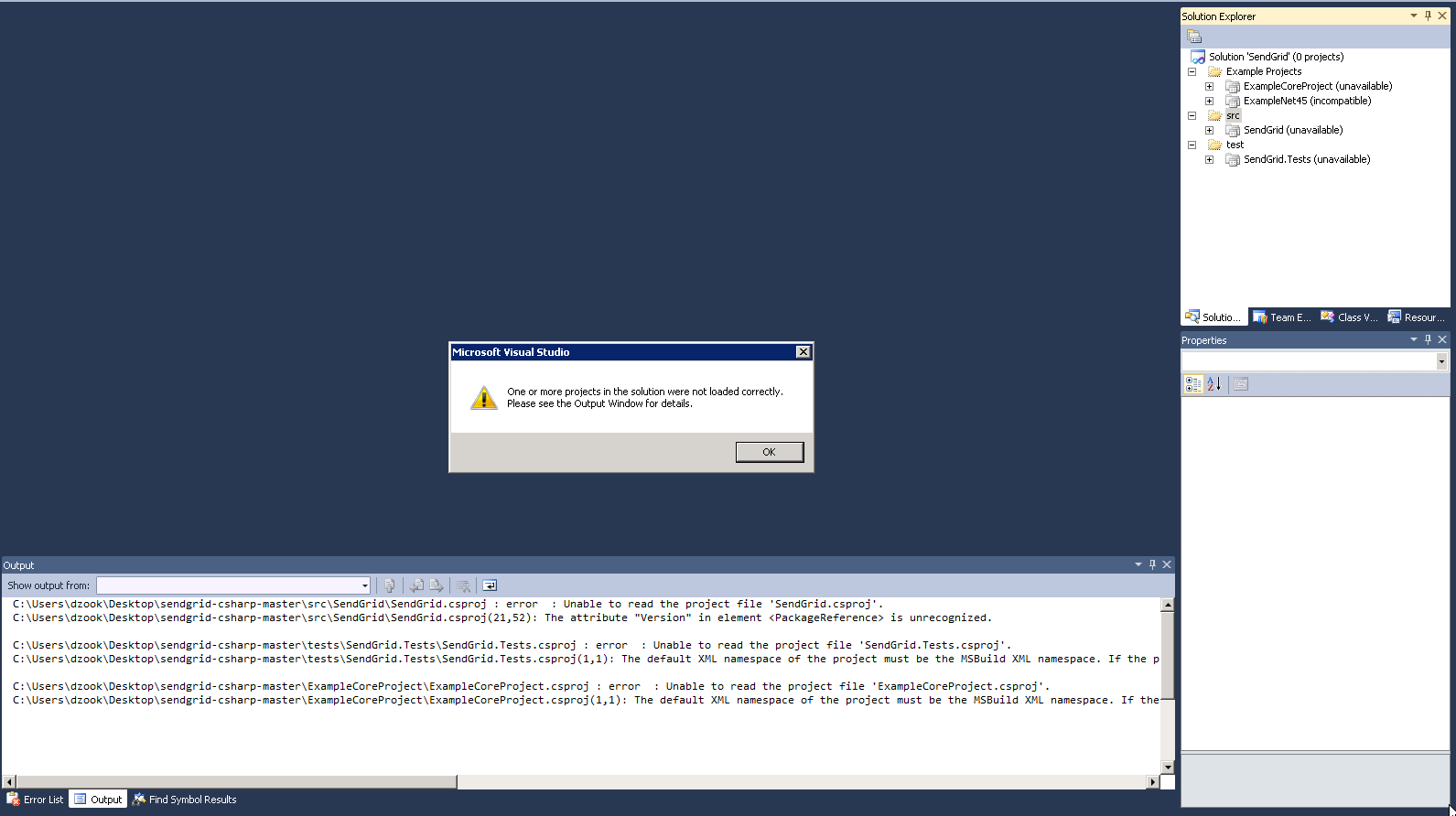 error the project could not be loaded when opening in visual