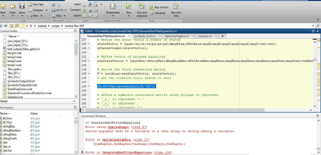 error:Running Matlab scripts for generate navfilter equation · Issue ...