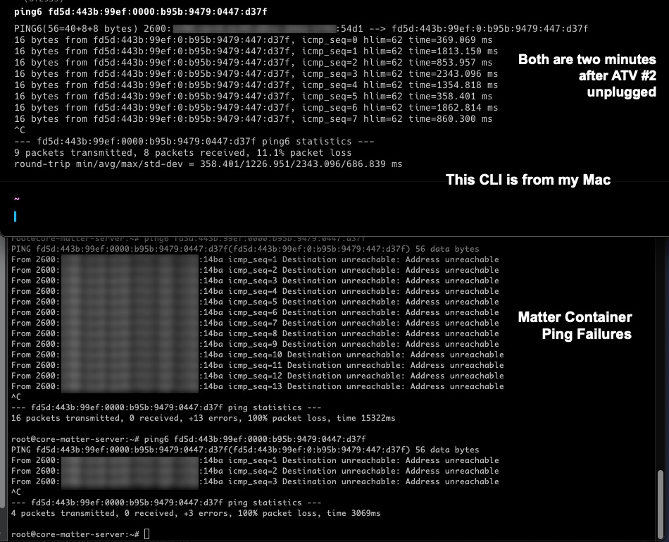 HAOS Matter device pings fail and device unavailability after 1 of 2