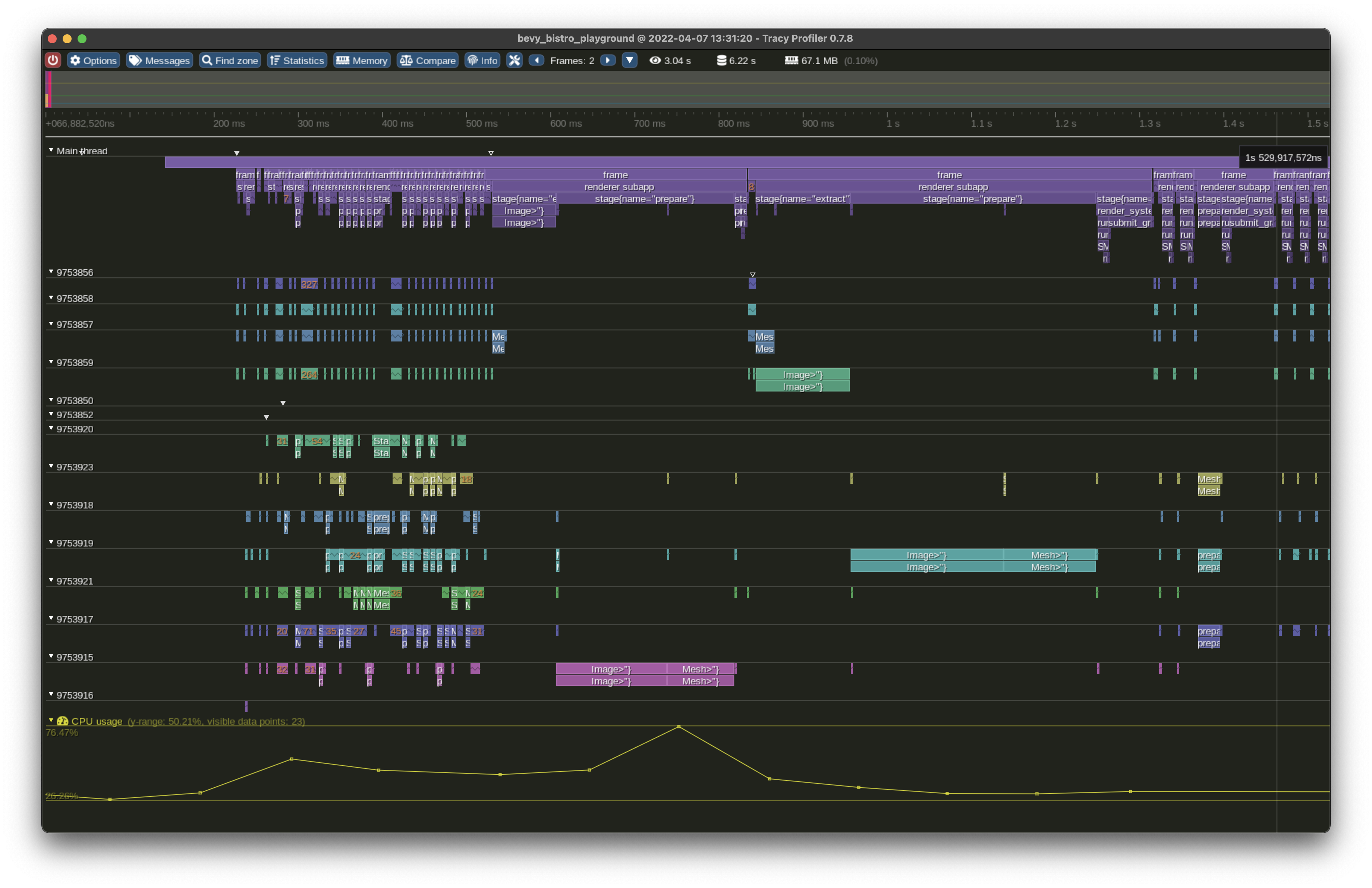 Tracy timeline demonstrating the performance breakdown of a Bevy app