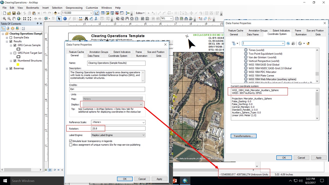 Clearing Operations ArcMap template coordinate system and incorrect