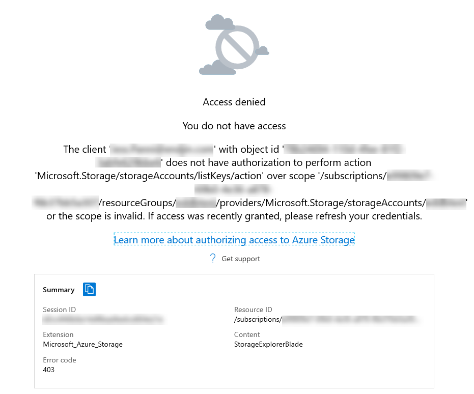 "Access denied" error in Storage Explorer in portal despite 'correct