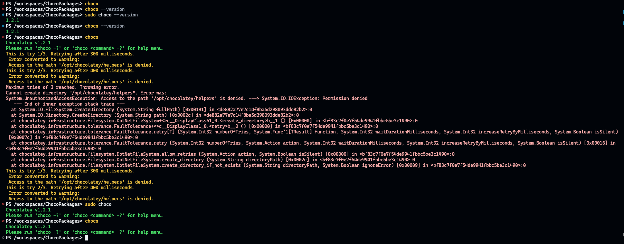 Running choco as a non root user of the docker container results in no