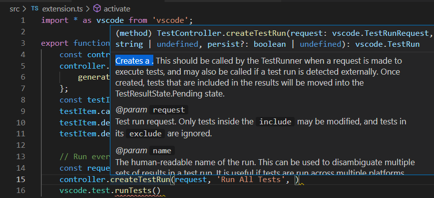 TestController `createTestRun` docstring missing info · Issue #127557 ...