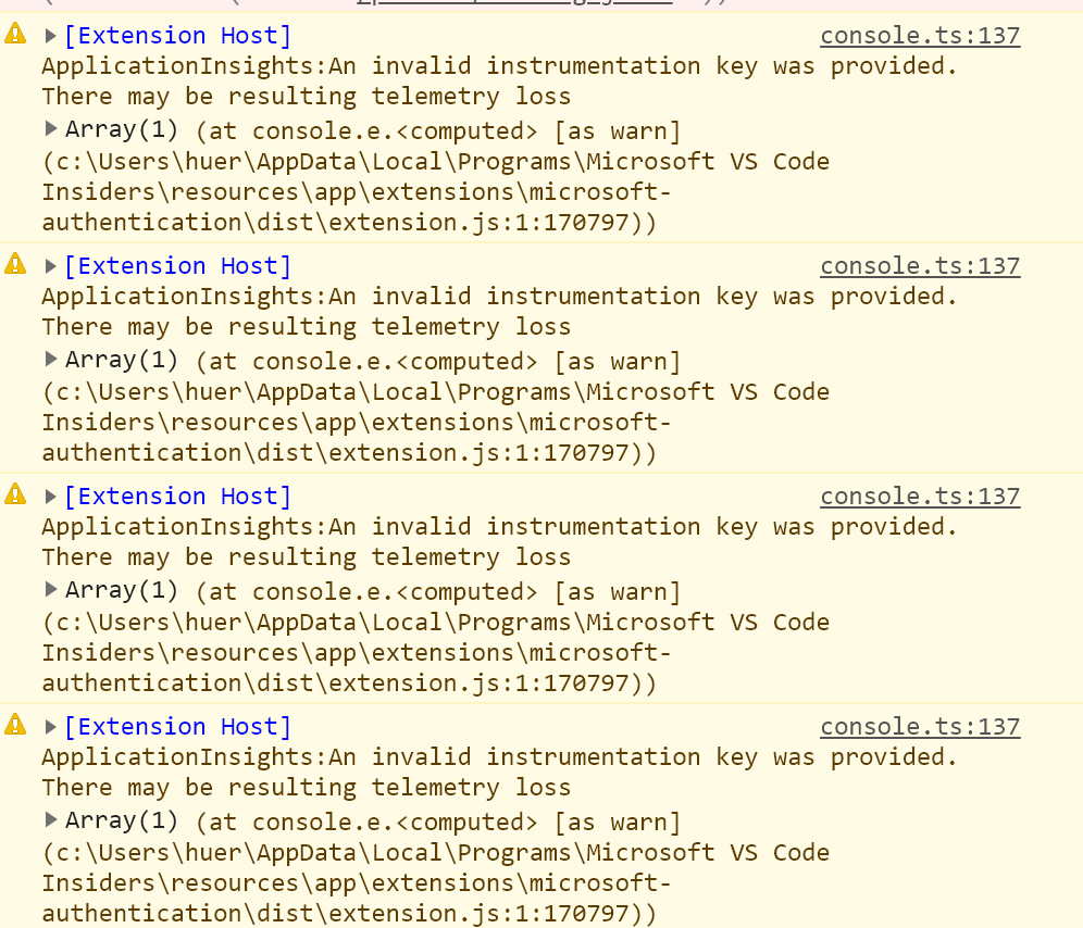 Invalid instrumentation key warning from Microsoft Authentication