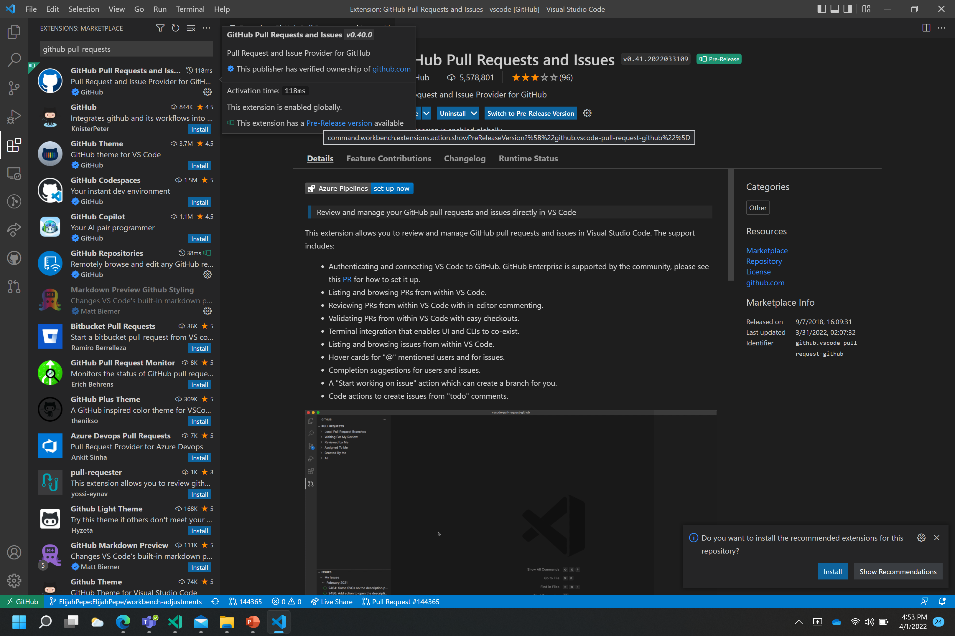 Command link for extension with pre-release has uninformative tooltip ...