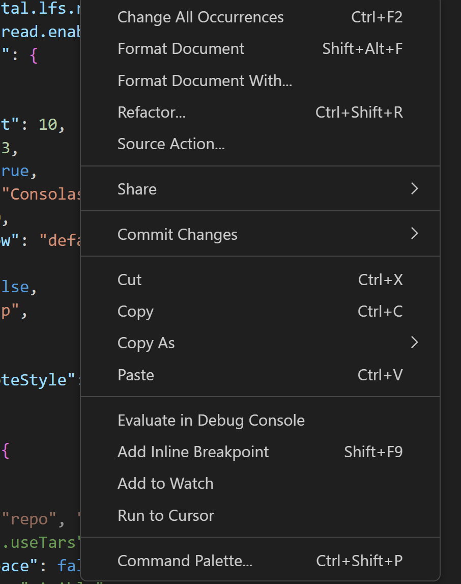 Run to cursor and add to watch available in json settings file context