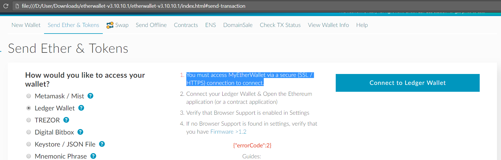 No Ledger support when downloading MEW, running locally · Issue #1429 ·  MyEtherWallet/etherwallet