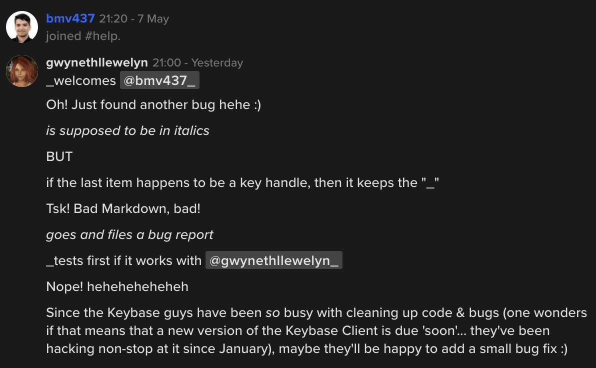 Minor Keybase GUI chat bug: improper Markdown termination of italics ...