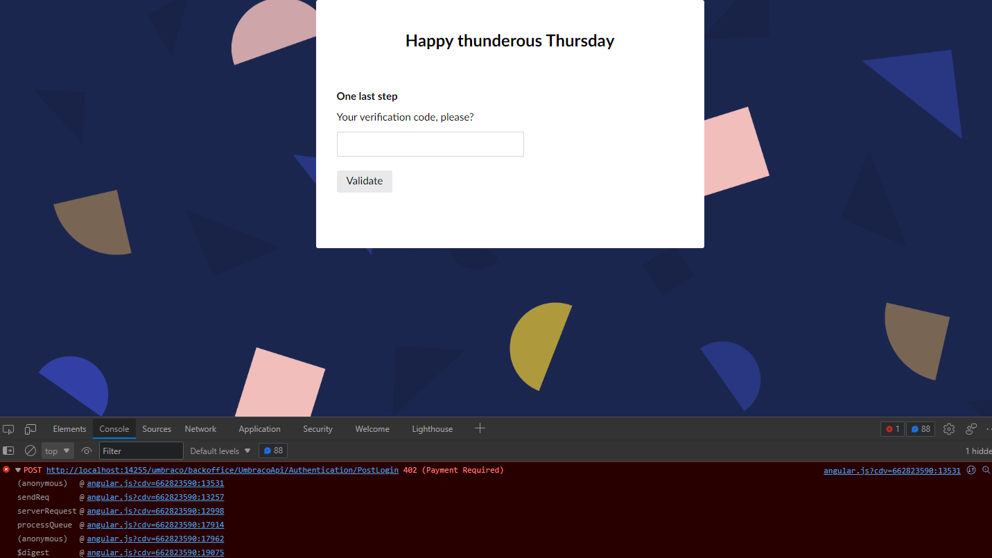 Umbraco 10 2FA throws console exception for 402 response to a Post