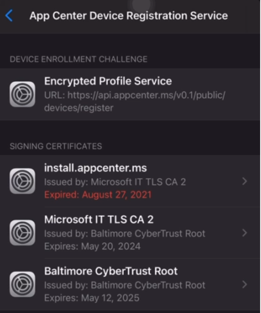 App Center Device Registration Service Certificate Expired August 27