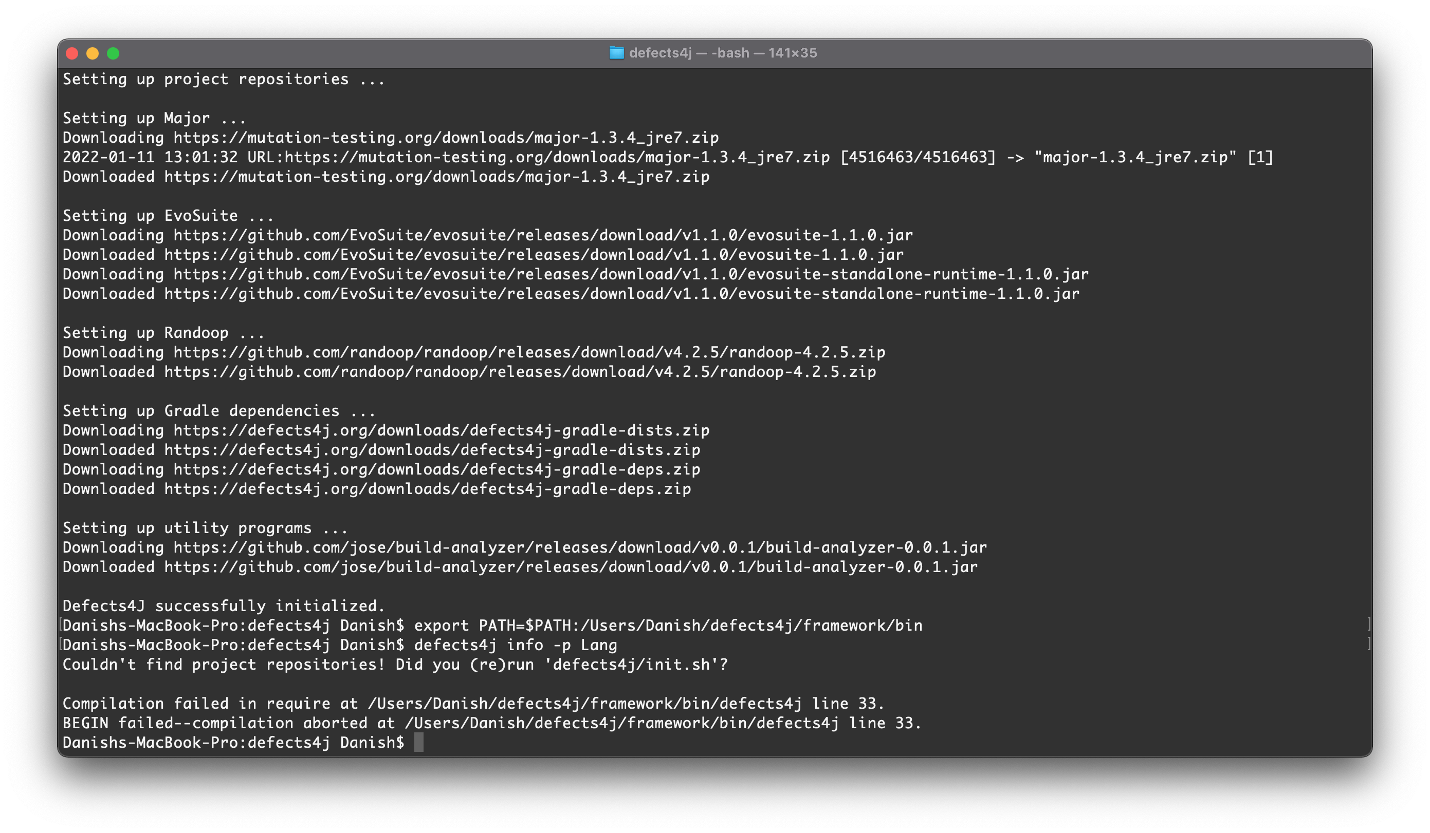 Couldn't find project repositories! Did you (re)run 'defects4j/init.sh ...