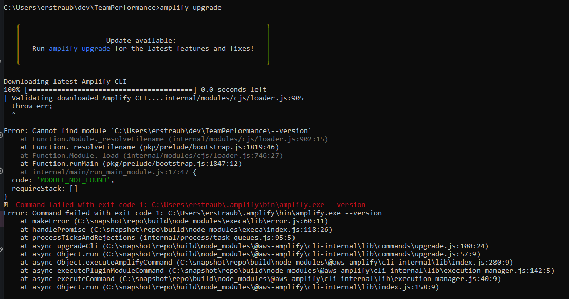 Cli 8 4 0 Amplify Upgrade Command Failed With Exit Code 1 C Users Cli 8 4 0 Amplify Upgrade Command Failed With Exit Code 1 C Users