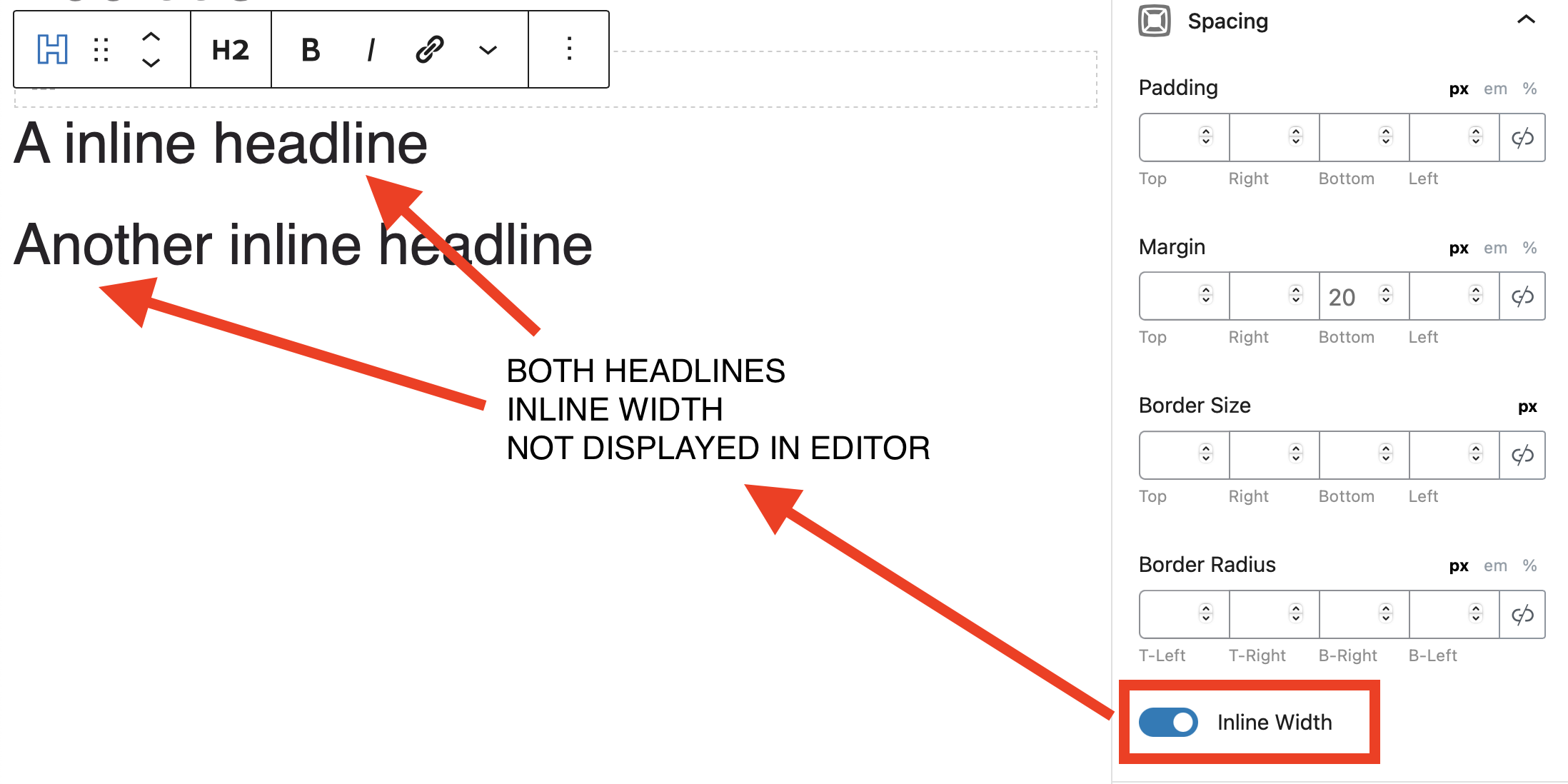 RC2 Headline Block Inline Width Not working in editor · Issue 570