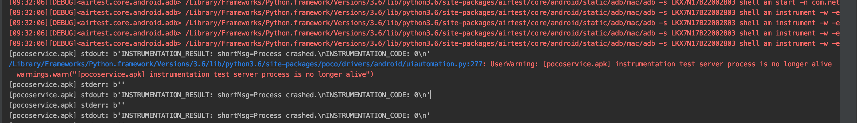 mac上提示warnings.warn("[pocoservice.apk] instrumentation test server ...