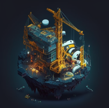 Midjourney prompt: 'immense stunning space lift, construction workers building the structure in a crane, high resolution, pixel art island, isometic view, high detail, high fantasy with elements of futuristic tech, dark background'