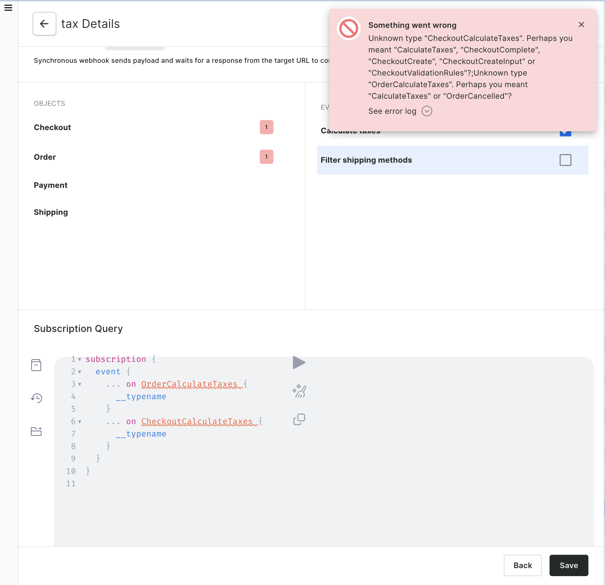 Invalid events for tax calculation in the webhook subscription query