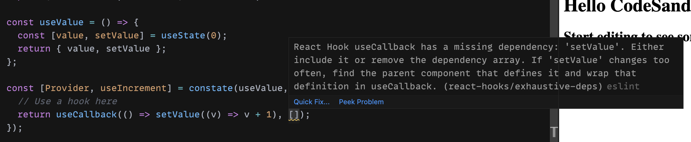 Screenshot showing the eslint warning