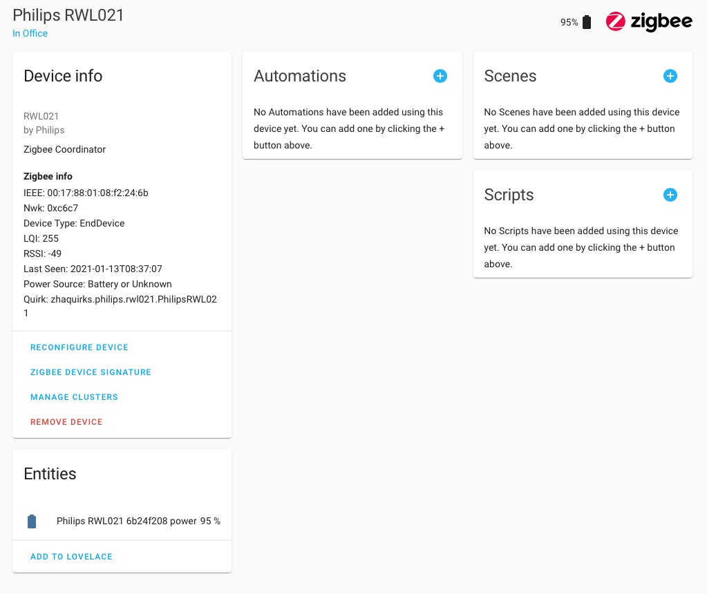 ZHA Device added (Philips RWL021) but only power entity shows in device