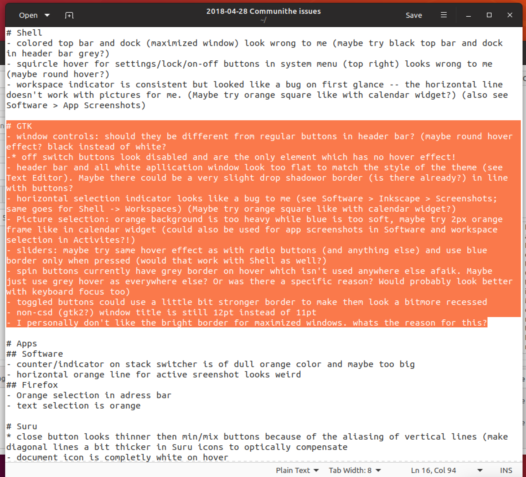 orange text selection - gedit
