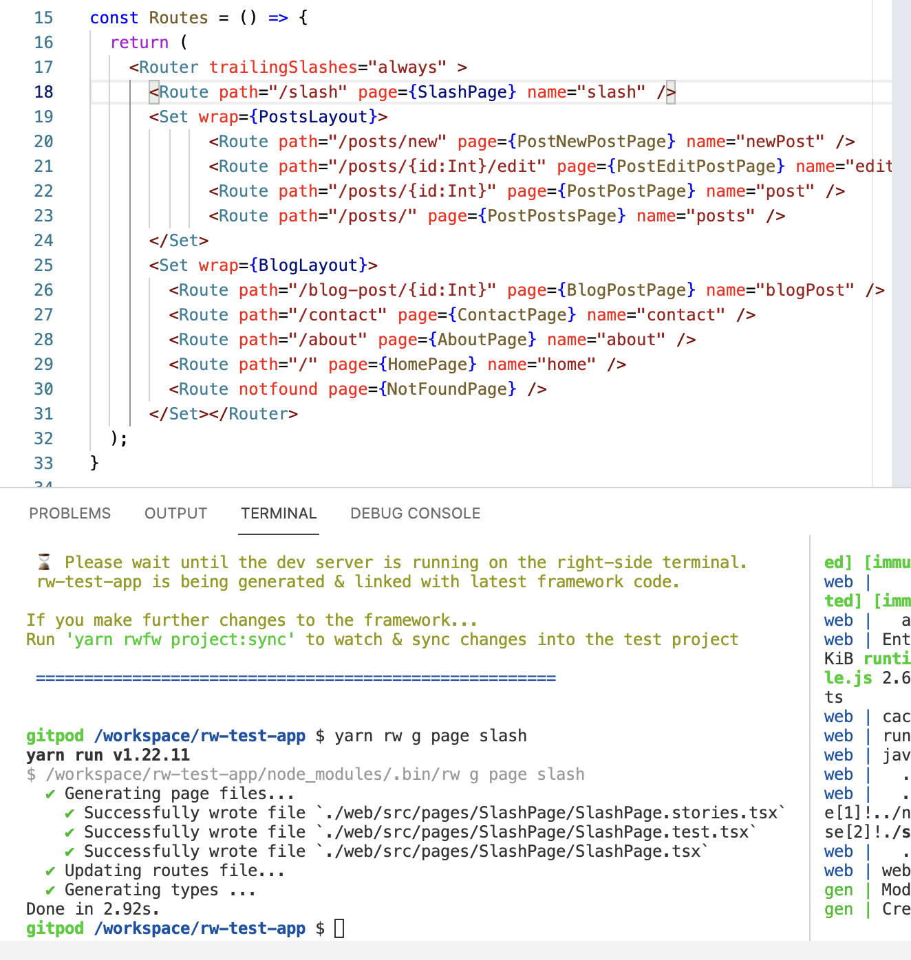 With `trailingSlashes="always"` `yarn rw g page` will generate invalid