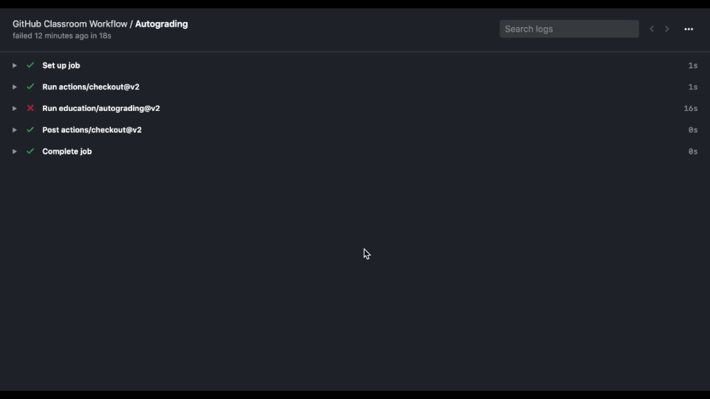 The student’s view of console log output after a test runs.