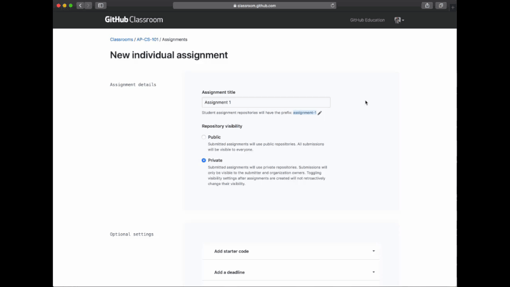 The process of adding automated tests in GitHub Classroom is displayed. Click “Enable automatic grading” then click “Add test” prior to selecting a language. Now you can watch any student’s submissions to help with passing or failing commits, along with who hasn’t started the assignment.