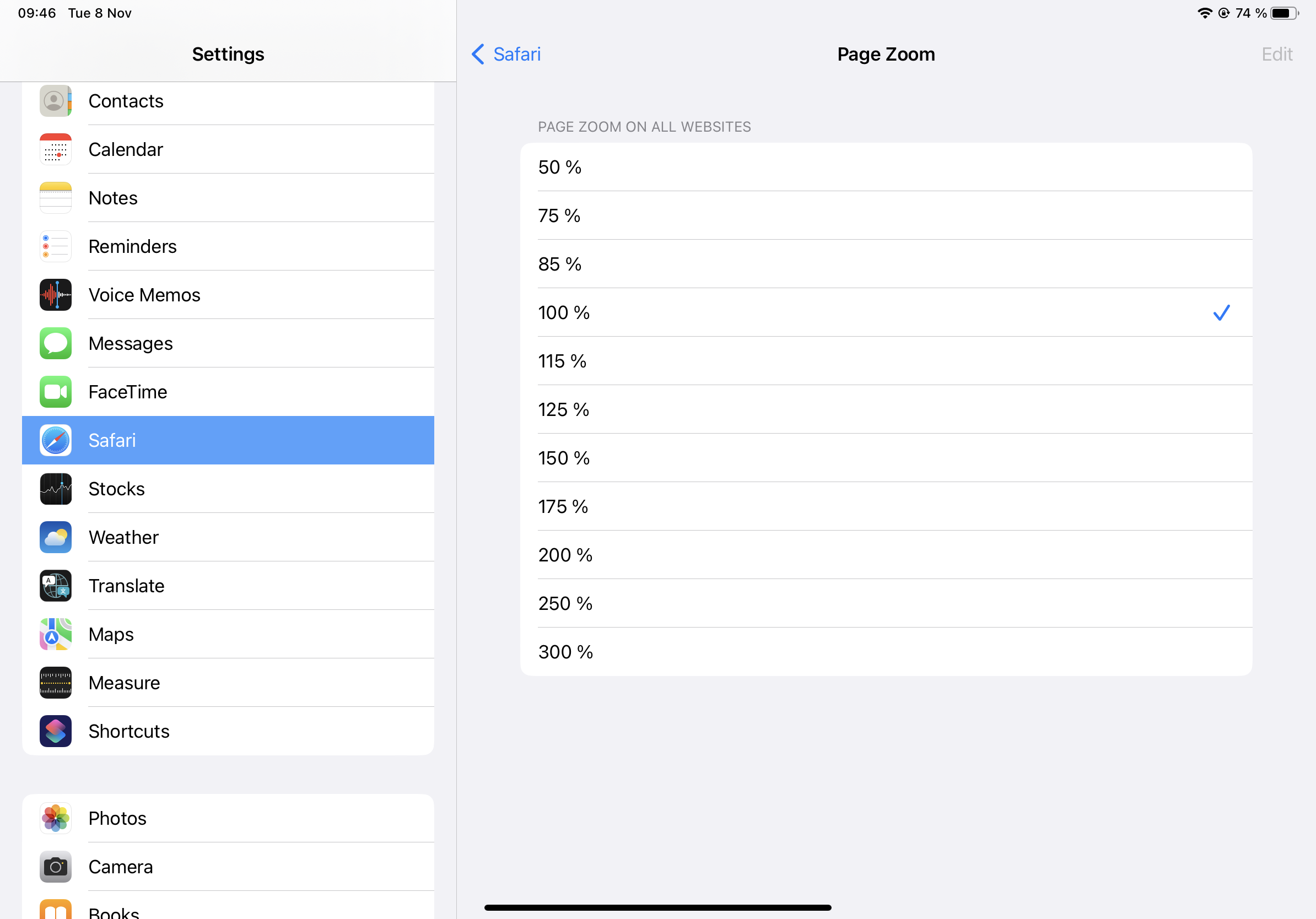 Safari's font zoom settings