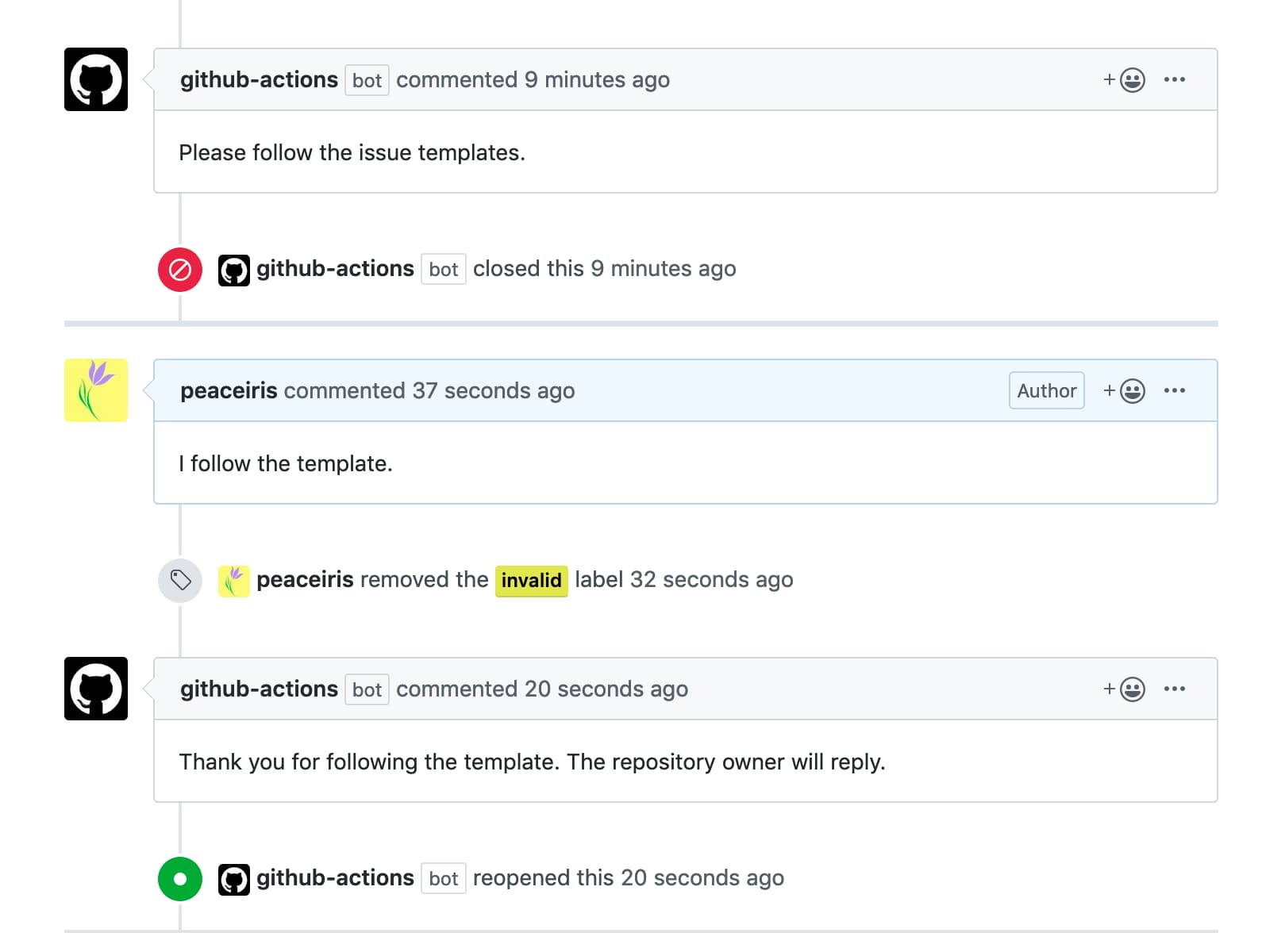 Reopen Issue or Pull Request - peaceiris/actions-label-commenter GitHub Action