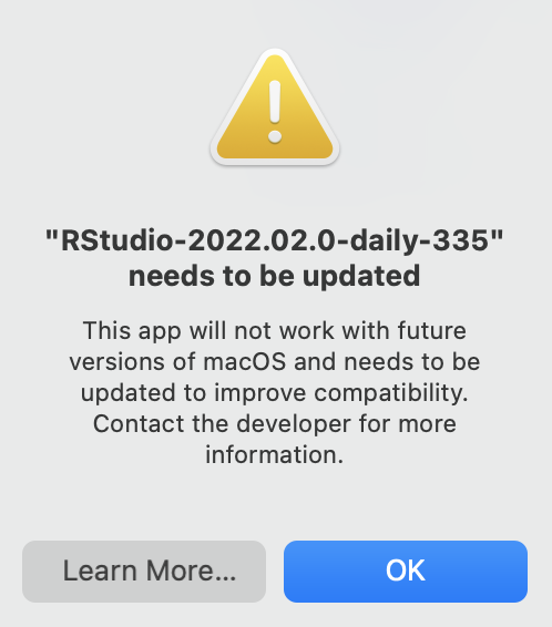 MacOS states that future versions of the app are incompatible with ...