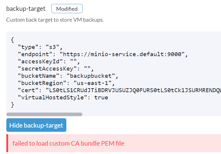 [BUG] Backuptarget failing for the harvestercitesting bucket · Issue 1339 · harvester