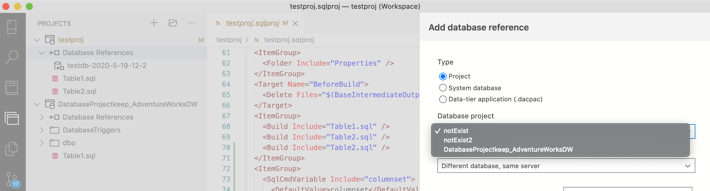 Database references dialog project dropdown shows projects that failed ...